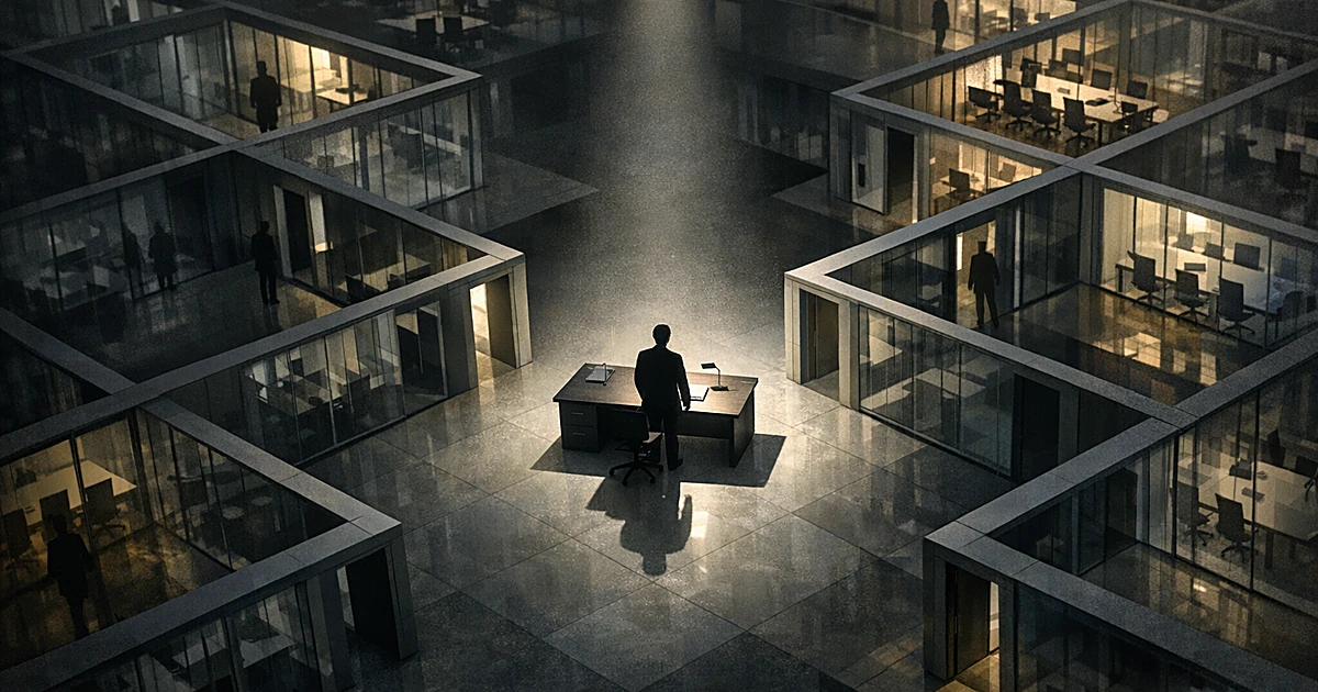 Silhouetted figure at desk in center of interconnected office corridors viewed from above with dramatic lighting