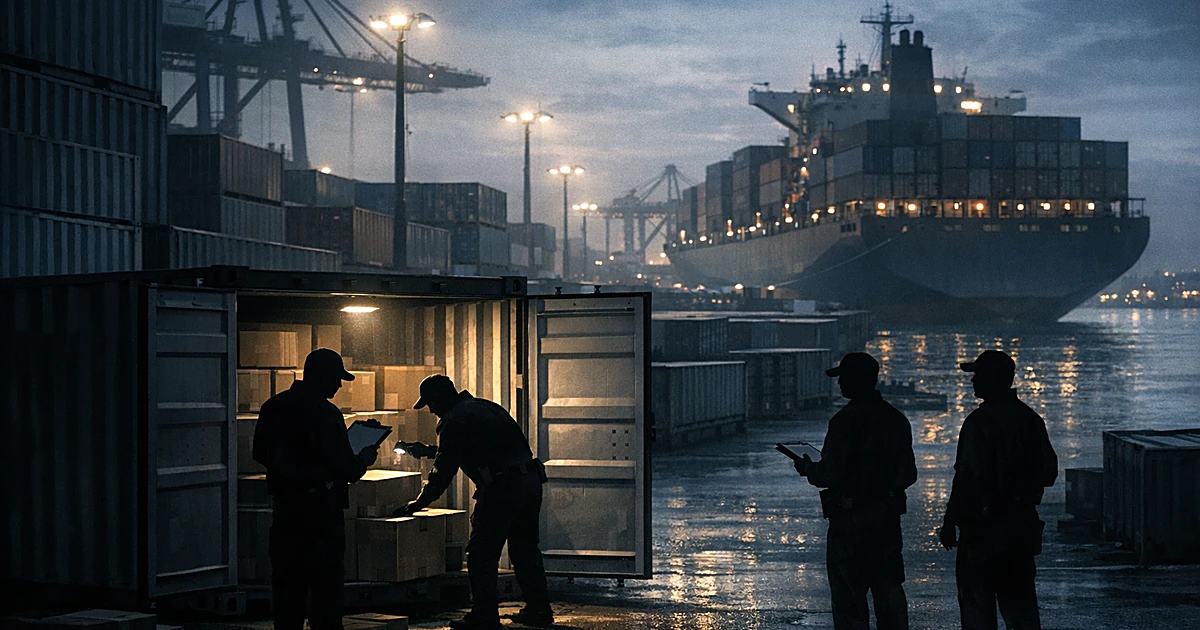 Silhouetted customs officials inspecting cargo containers at a shipping port during dusk
