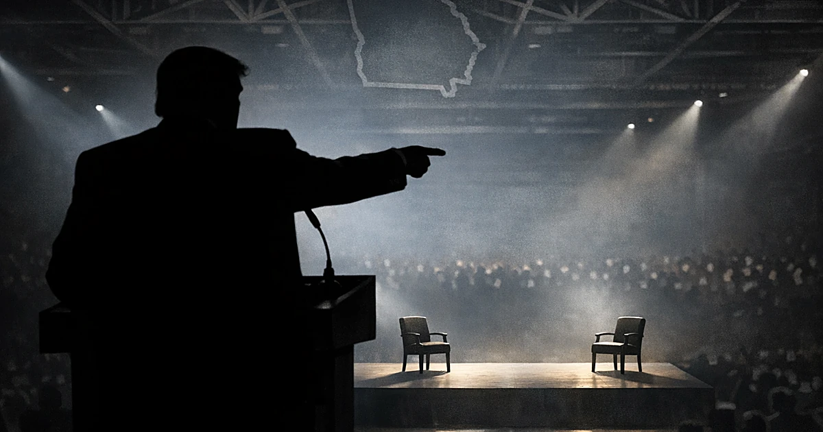 Silhouetted figure at podium gesturing toward two empty chairs on a lit stage with Georgia-shaped ceiling detail