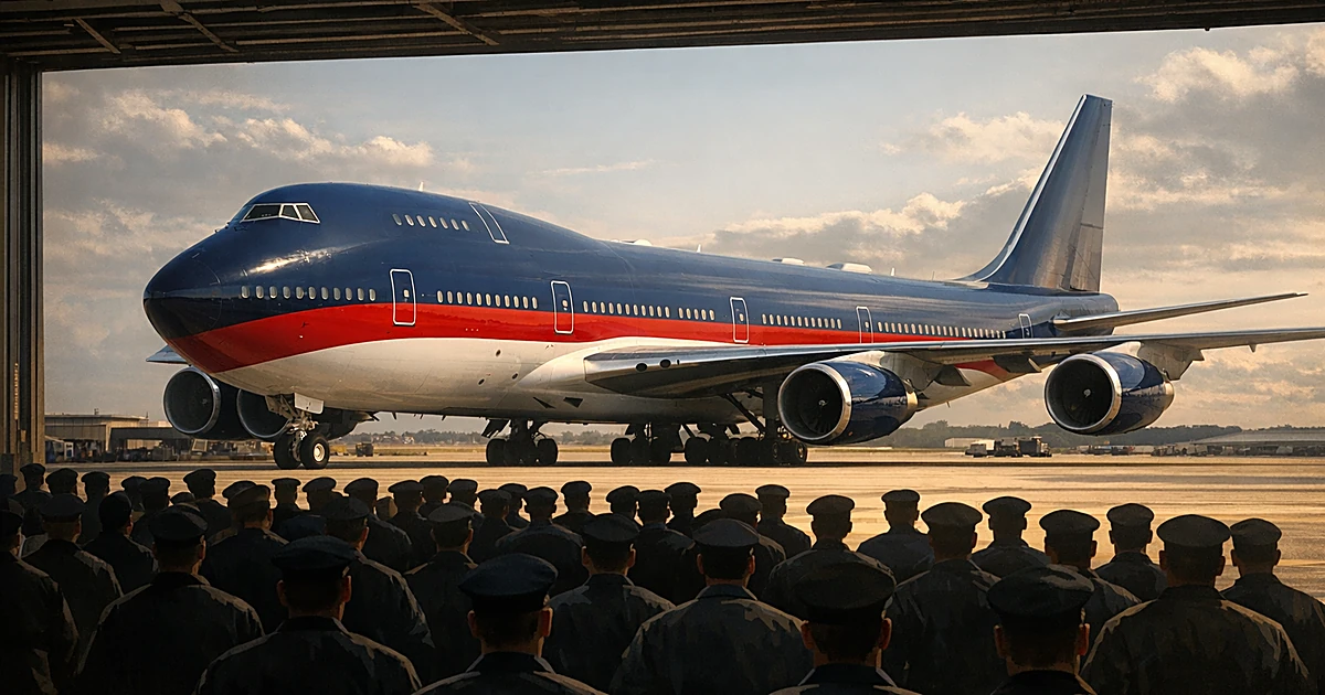 Navy blue and red Boeing 747 on tarmac with silhouettes of military personnel in formation viewing the aircraft
