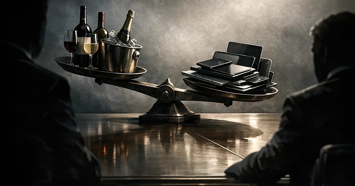 Wine bottles balanced against tech devices on a scale, representing the France-US digital tax and tariff dispute
