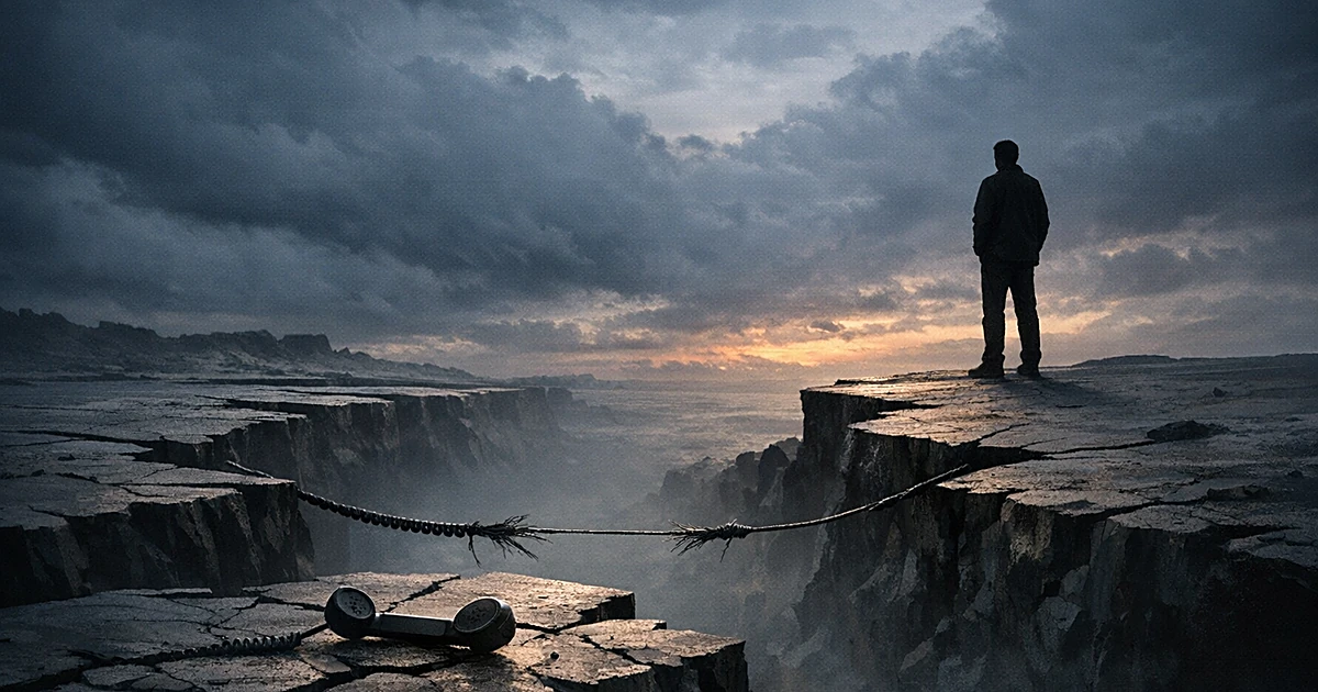 Silhouetted figure on isolated platform separated from mainland by cracks, with stretched telephone cord between