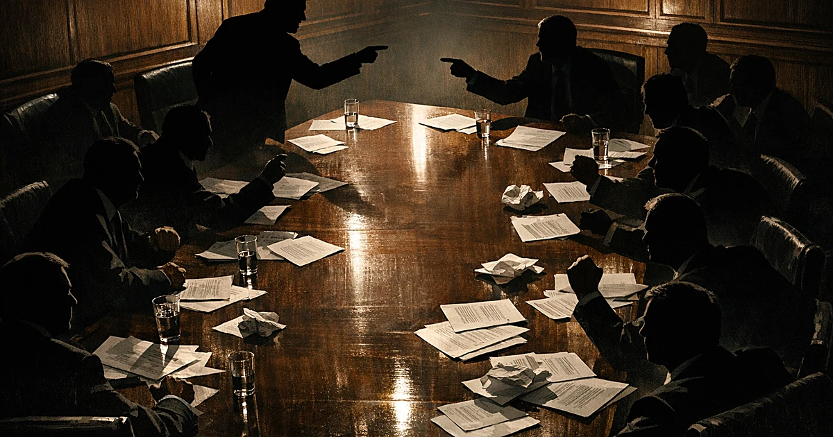 Silhouetted figures around conference table in tense confrontation, viewed from above in dark meeting room