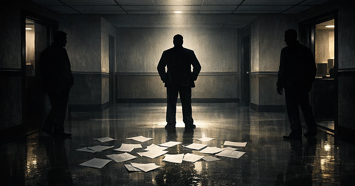 Silhouetted figures separated in a government hallway with scattered papers, suggesting miscommunication