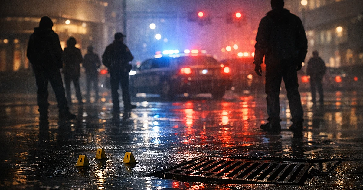 Night scene of urban intersection with silhouettes and emergency lights reflecting on wet pavement near storm drain