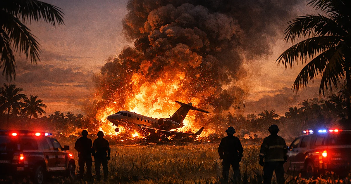 Private jet crash site with flames and smoke rising from open field as emergency responders observe from distance