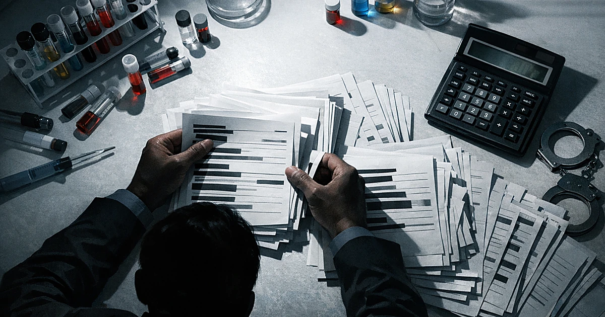 Overhead view of laboratory desk with test tubes, medical documents, and calculator showing large financial amounts