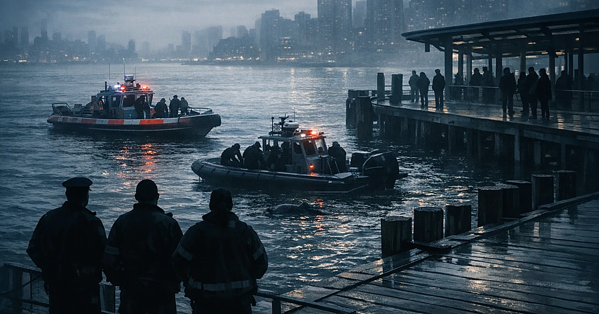 Emergency responders as silhouettes at waterfront ferry dock during early morning with boats in dark river water