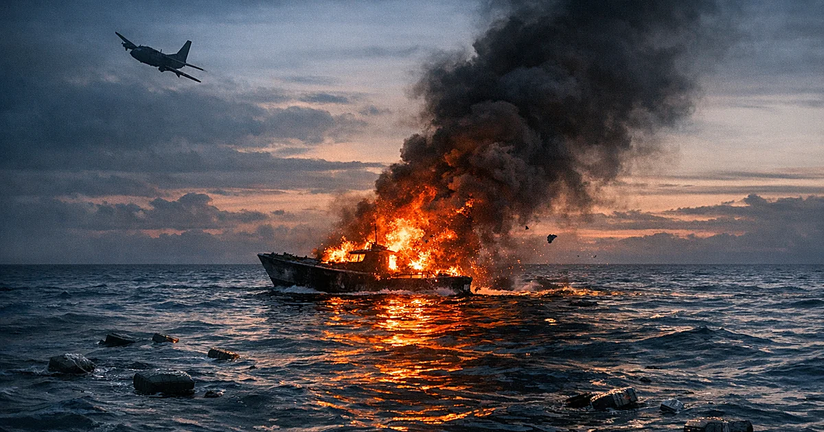 A burning vessel on the Pacific Ocean with a military aircraft silhouette in the distance at dusk