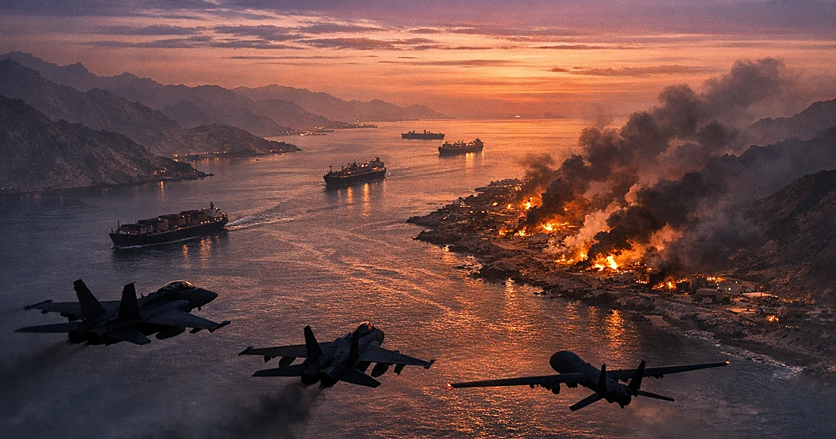 Military aircraft flying over Strait of Hormuz with cargo ships below and smoke rising from coastal strikes at dusk