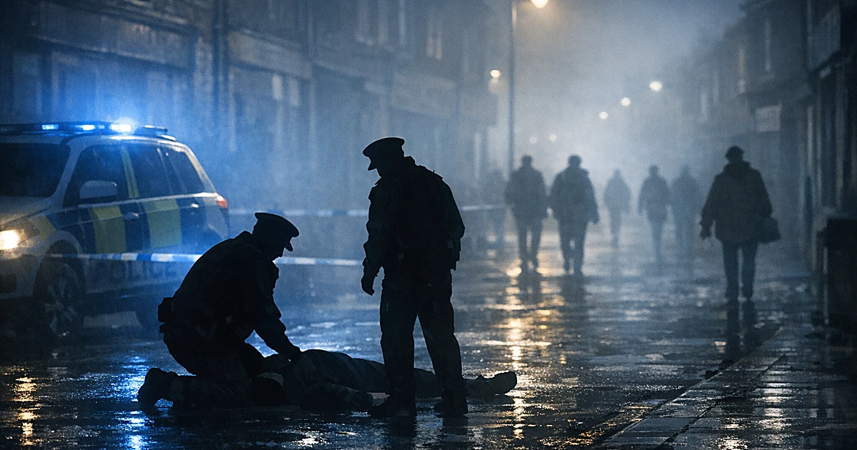 Silhouetted police figures on a dark urban street with emergency lights illuminating wet pavement at dusk