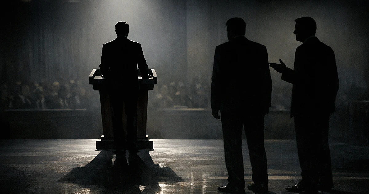 Silhouetted figure at podium spotlit while two shadowed figures stand aside, one gesturing toward the central person