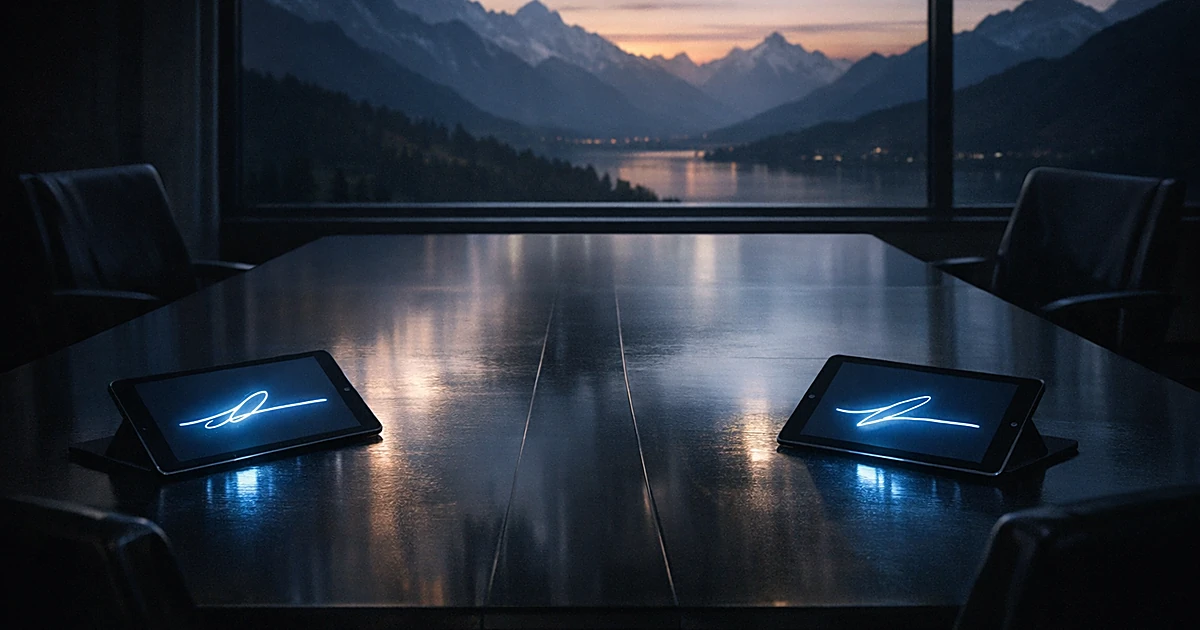 Two tablets with digital signatures on opposite sides of conference table with mountain silhouette visible through window