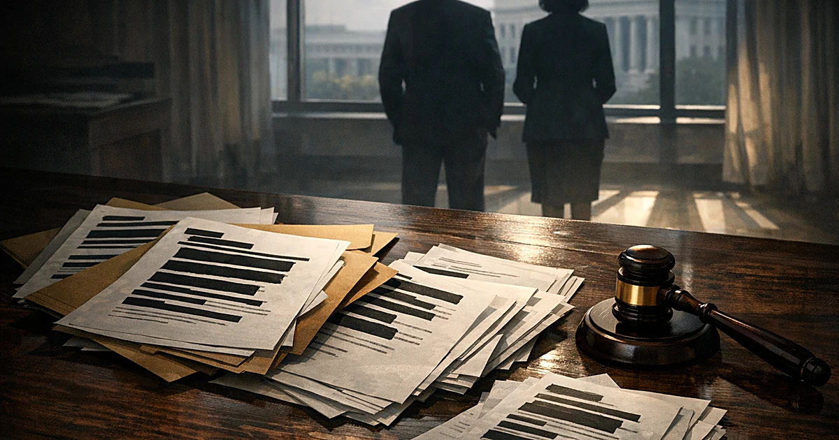 Overhead view of desk with documents and gavel, two silhouetted figures facing window with government building beyond