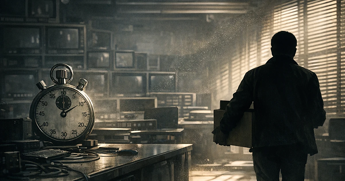 Silhouetted person leaving TV studio with box, stopwatch on desk, empty monitors, dramatic lighting through blinds