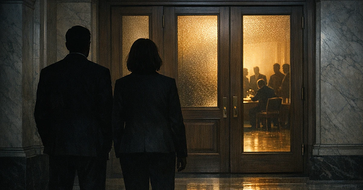 Two silhouetted figures stand excluded in a hallway while others gather in a lit room beyond a doorway
