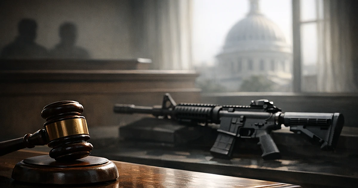 Judge's gavel and AR-15 rifle on separate surfaces in a courtroom setting with dramatic window lighting