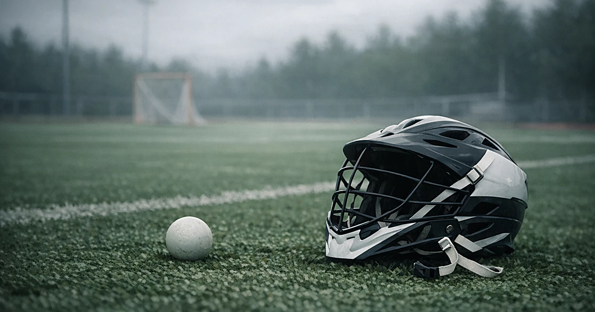 Lacrosse ball and helmet lying on empty turf field in somber lighting