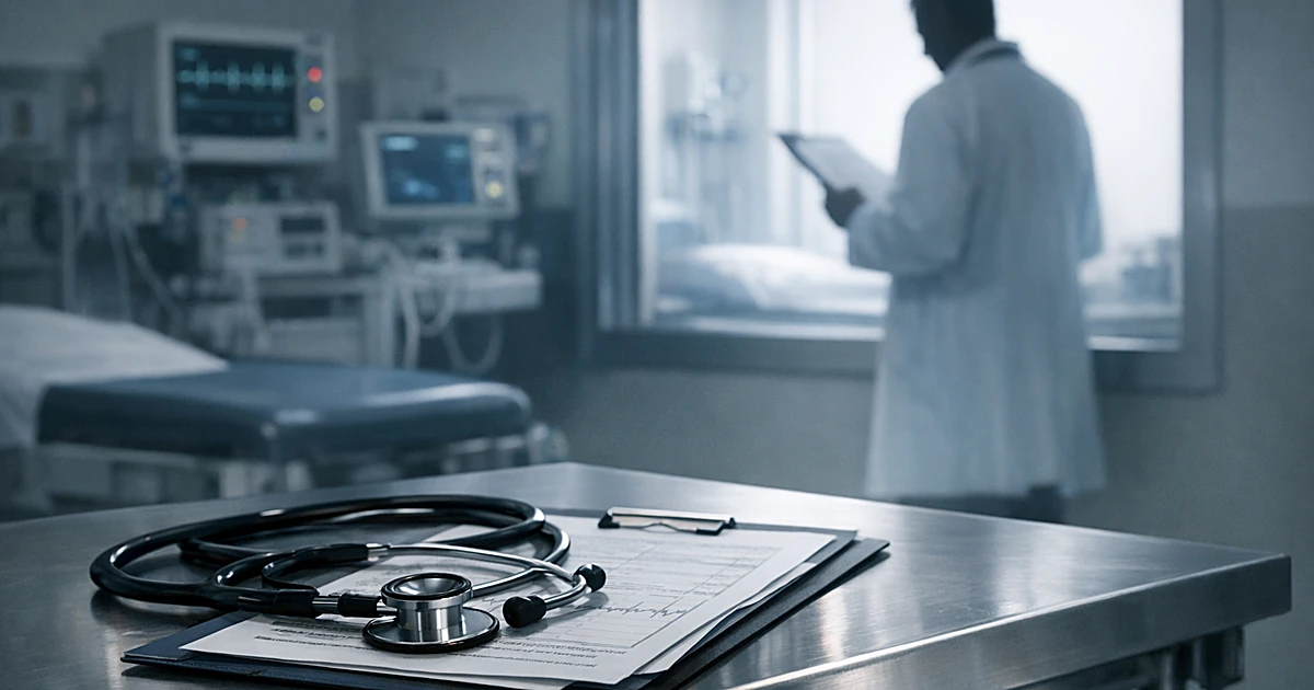 Medical examination room with stethoscope on table and physician silhouette reviewing documents by window