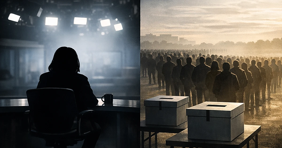 Split scene of lone TV studio silhouette versus massive crowd of silhouettes at polling place with ballot boxes