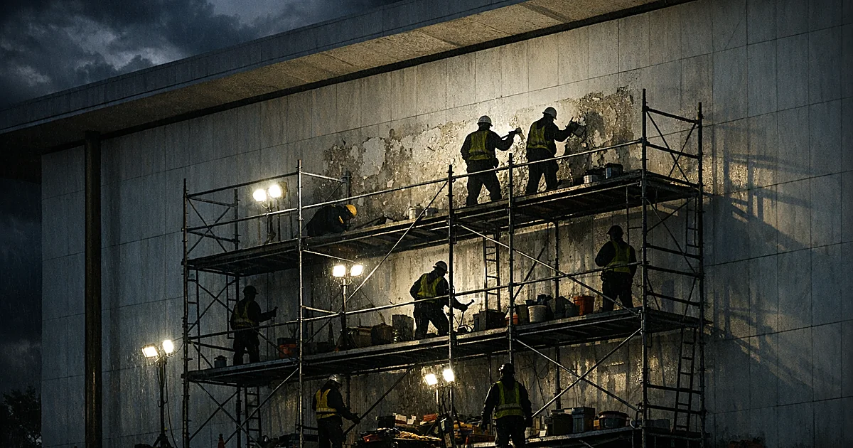 Silhouetted construction workers on scaffolding against a building at night during a name removal operation