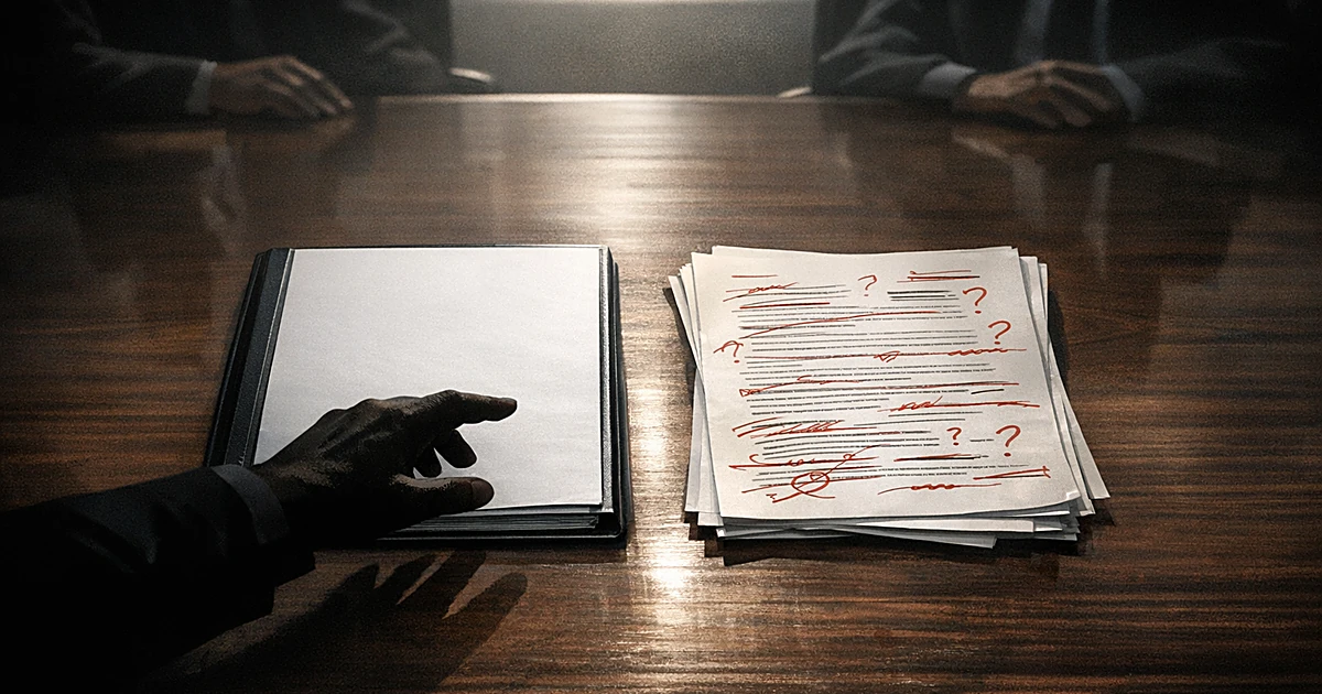 Overhead view of conference table with two documents, one marked with corrections, as silhouetted hand reaches toward it
