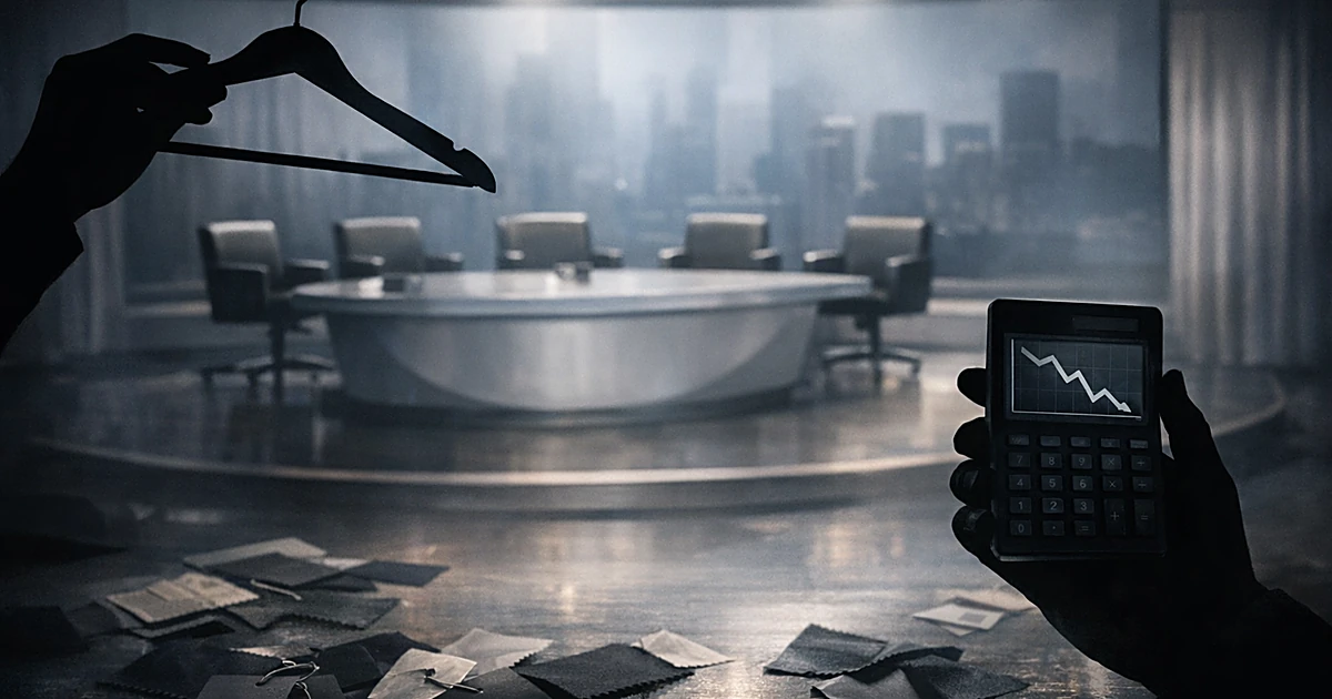 Empty TV talk show desk with silhouetted hands holding empty hangers and calculator amid scattered clothing tags