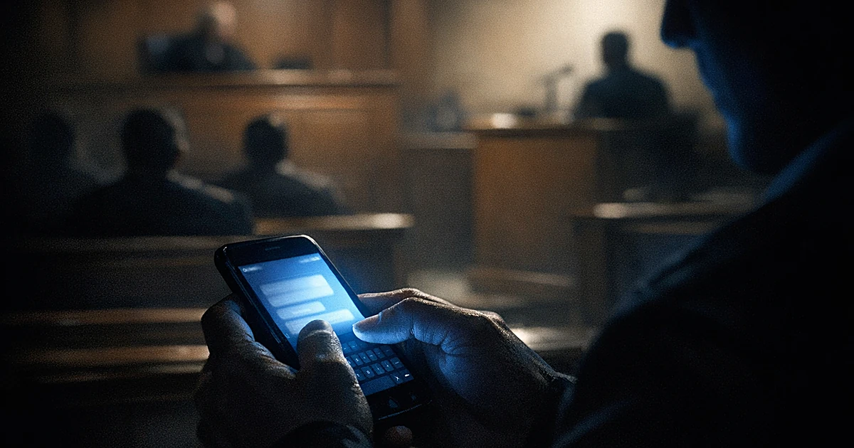 Hands holding illuminated smartphone in foreground with blurred courtroom silhouettes in background