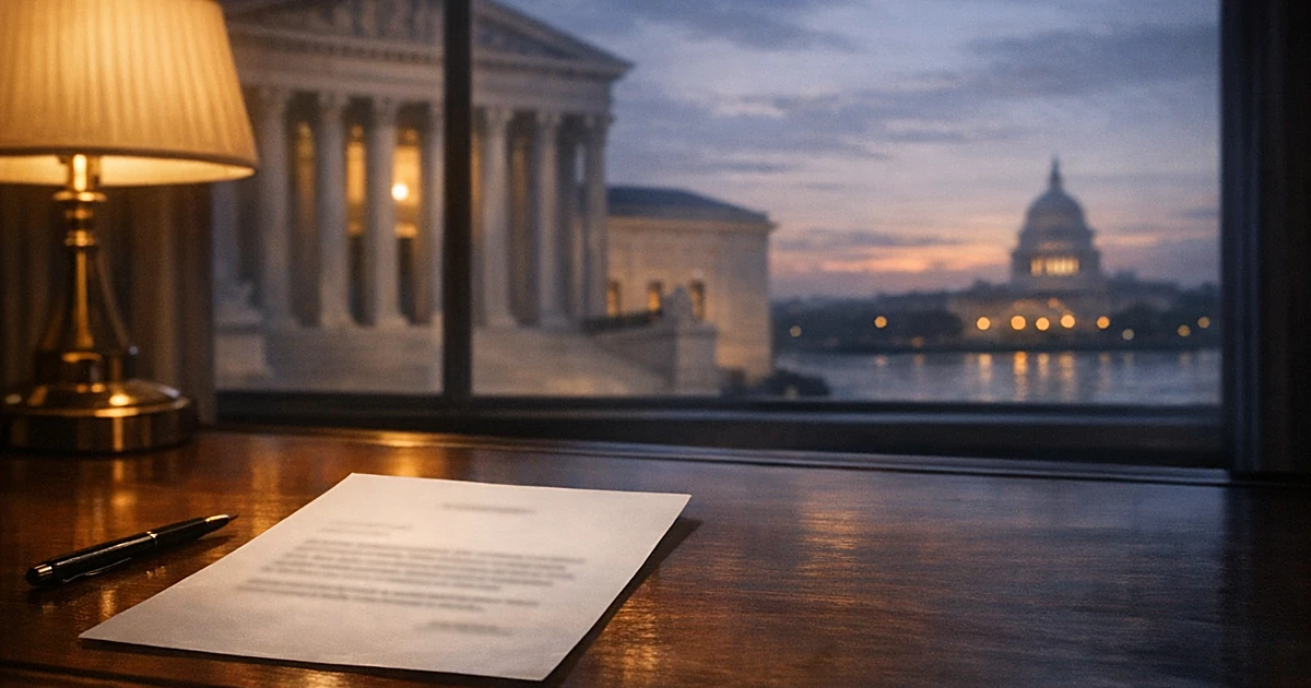 Letter on desk with silhouetted courthouse and distant building across water representing US-ICC jurisdictional dispute