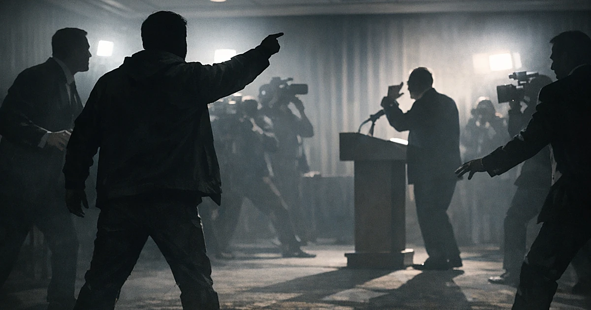 Silhouetted protester standing with raised arm as security figures converge during disrupted press conference