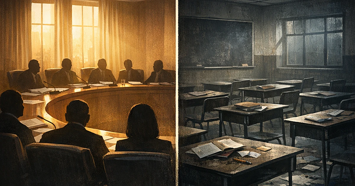 Split scene contrasting illuminated government chamber with silhouetted officials and darkened empty classroom desks