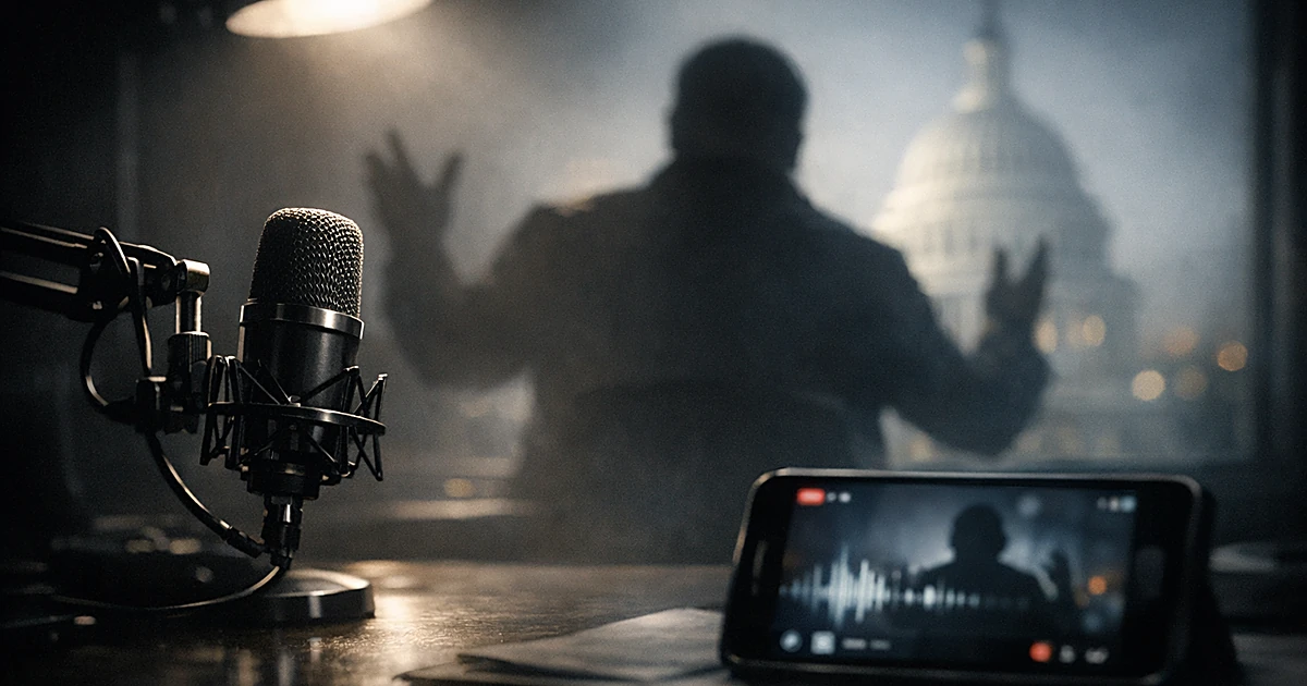 Silhouetted broadcaster at microphone with Capitol building blurred in background and streaming device in foreground