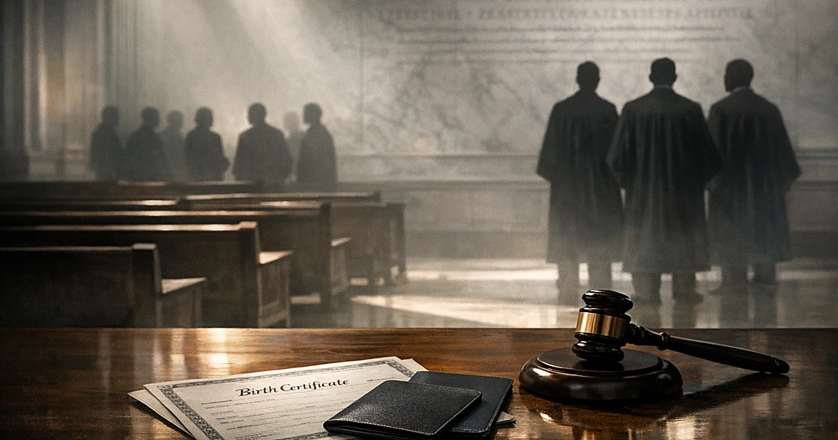 Courthouse interior with silhouetted judges divided into groups, gavel and documents on table in dramatic lighting
