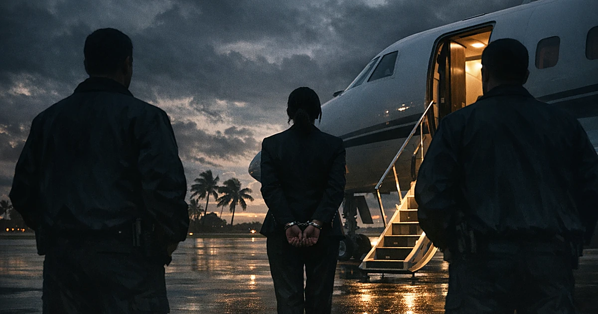 Handcuffed silhouette being escorted by agents on airport tarmac with palm trees at dusk