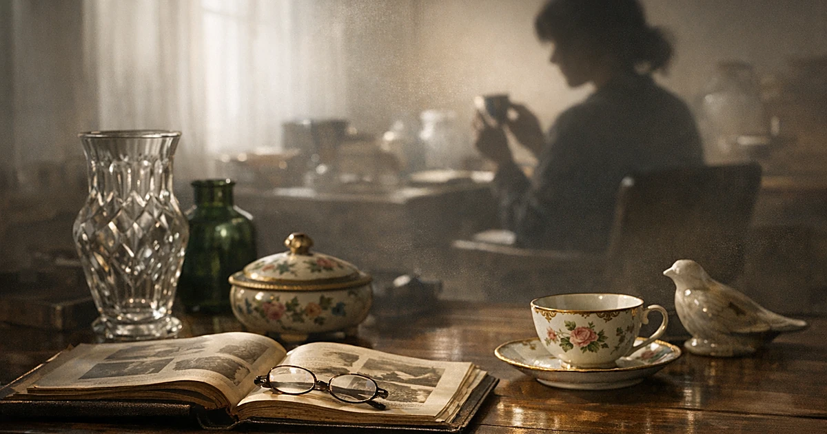 Antique ceramics and glassware on table with silhouetted figure examining objects in soft window light