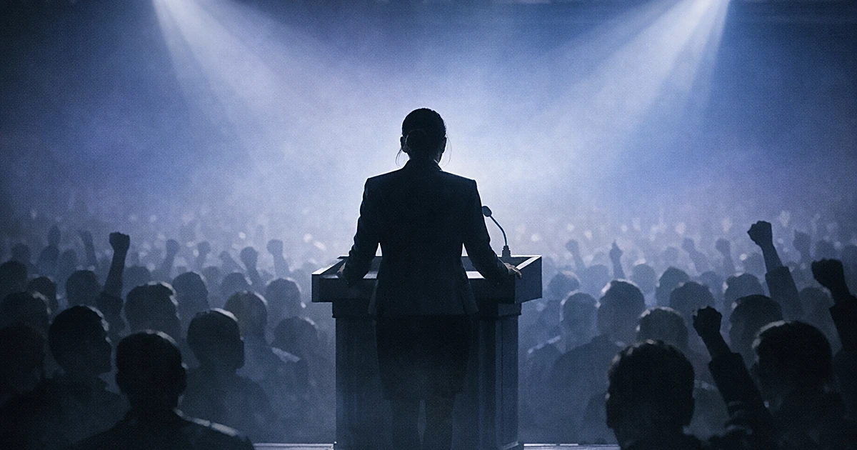 Silhouetted speaker at podium addressing crowd with raised arms under dramatic stage lighting