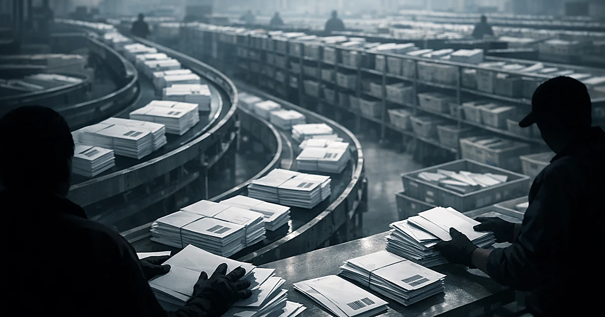 Overhead view of postal sorting facility with barcoded envelopes on conveyor belts and silhouetted workers sorting mail