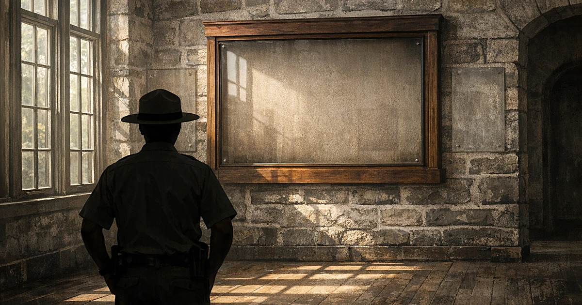 Silhouetted park ranger facing empty exhibit frame on wall with light streaming through windows