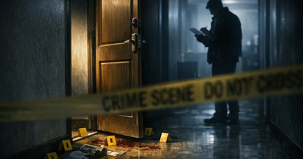 Crime scene tape and evidence markers at an apartment doorway with investigator silhouette in background