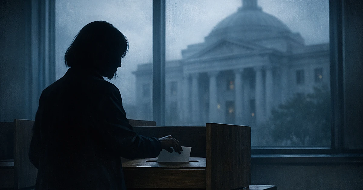 Silhouetted person at voting booth with courthouse visible through window in background