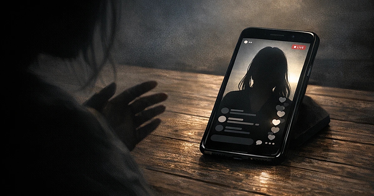 Smartphone displaying live streaming interface on wooden table with silhouetted hands nearby in dramatic lighting