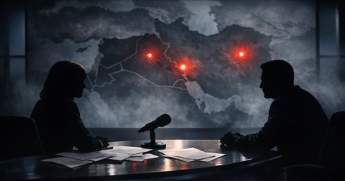 Silhouetted figures at news desk with Middle East map display showing conflict points in tense interview setting