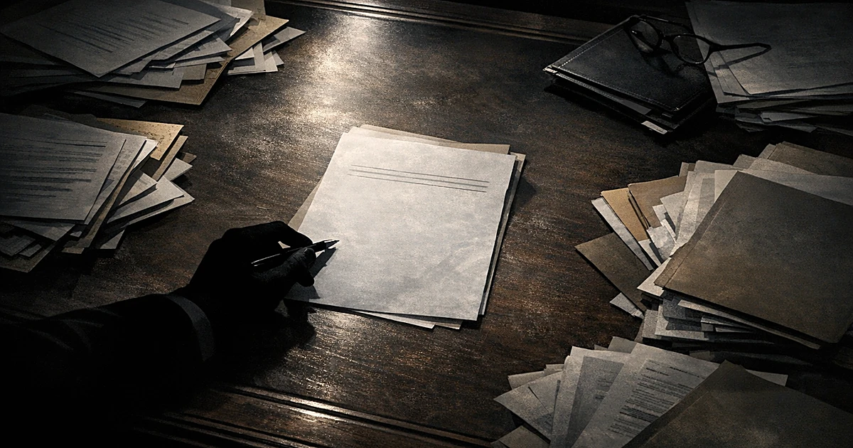 Overhead view of desk with memo document and silhouetted hand holding pen, surrounded by administrative papers
