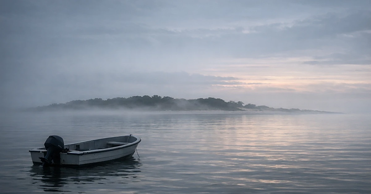 Empty boat drifting in misty waters near a barrier island at dawn