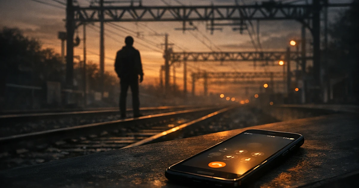 Silhouette on railroad tracks at dusk with glowing smartphone in foreground suggesting phone call in progress