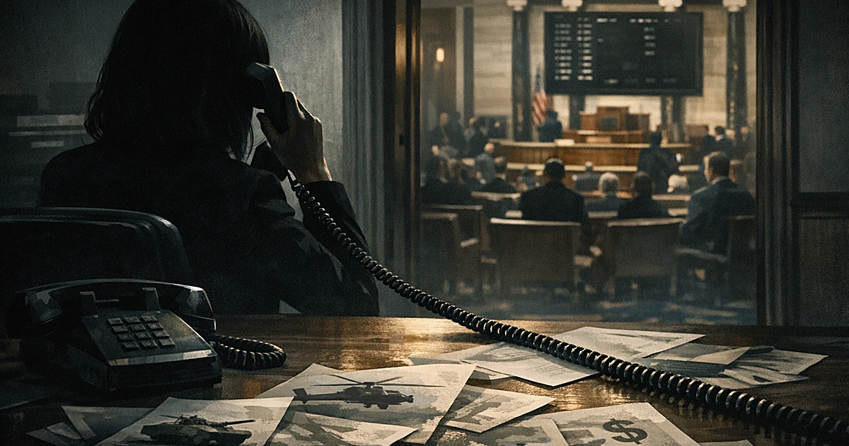 Silhouette on phone call while lit voting chamber visible through doorway in background