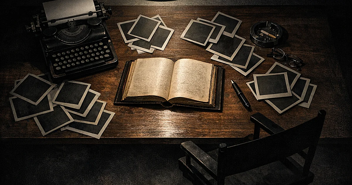 Casting desk with typewriter, face-down headshots, and vintage book under dramatic spotlight from above