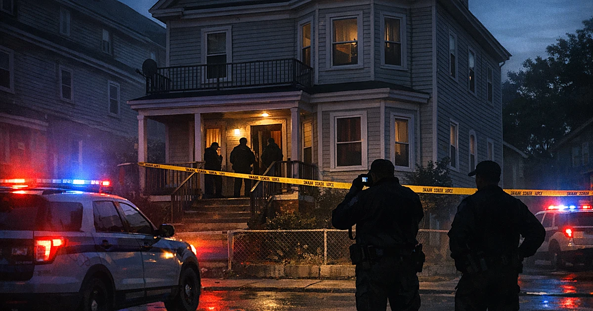 Crime scene tape surrounds a multi-family house with police vehicles parked outside at dusk