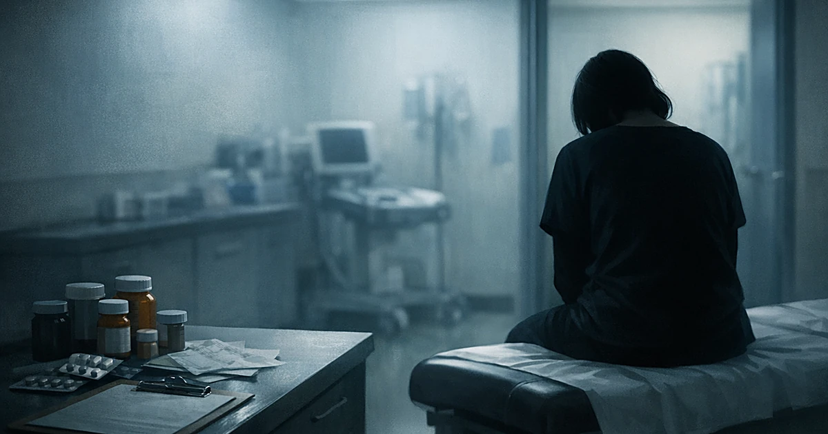 Silhouetted patient sits alone on exam table in clinical room with unused medical equipment visible in background