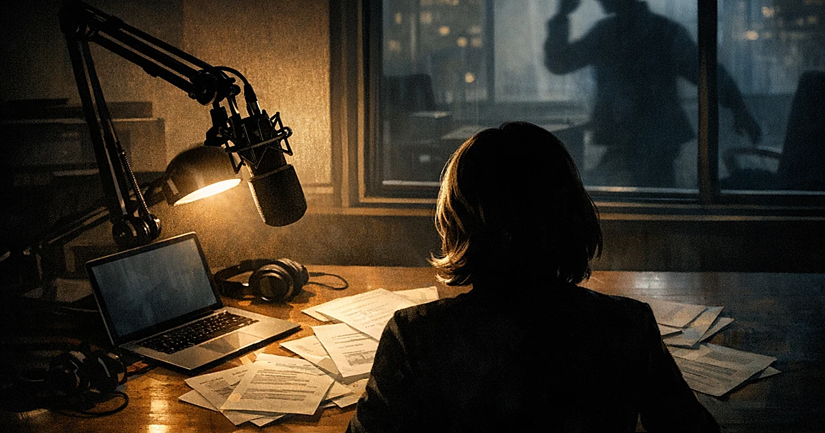 Recording studio desk with microphone and papers, silhouetted figure at desk, another silhouette visible through window